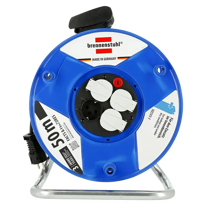 Brennenstuhl Garant Kabeltrommel - Spezialkunststoff, 50 m, H05VV-F, IP20 - Eine blaue Brennenstuhl-Kabeltrommel mit 50 Metern Kabel, ideal für den Innenbereich und hergestellt in Deutschland.