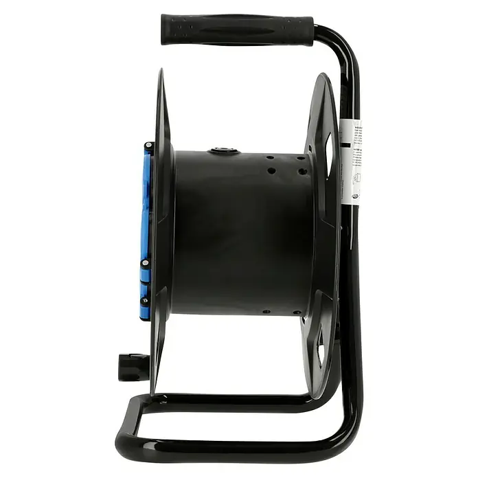 REV Leer-Kabeltrommel REV-575A - Schwarz/Blau, Kunststoff, IP44 - Schwarze Kabeltrommel mit blauem Kabelaufroller und schwarzem Griff. Ideal für den Einsatz in Werkstatt und Baustelle.