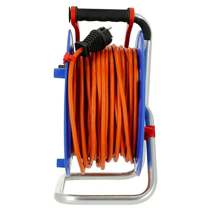 Brennenstuhl Garant Kabeltrommel - Kunststoff, 40 m, AT-N05V3V3-F, IP44 - Oranges Verlängerungskabel auf blauer und silberner Kabeltrommel, mit schwarzem Stecker.