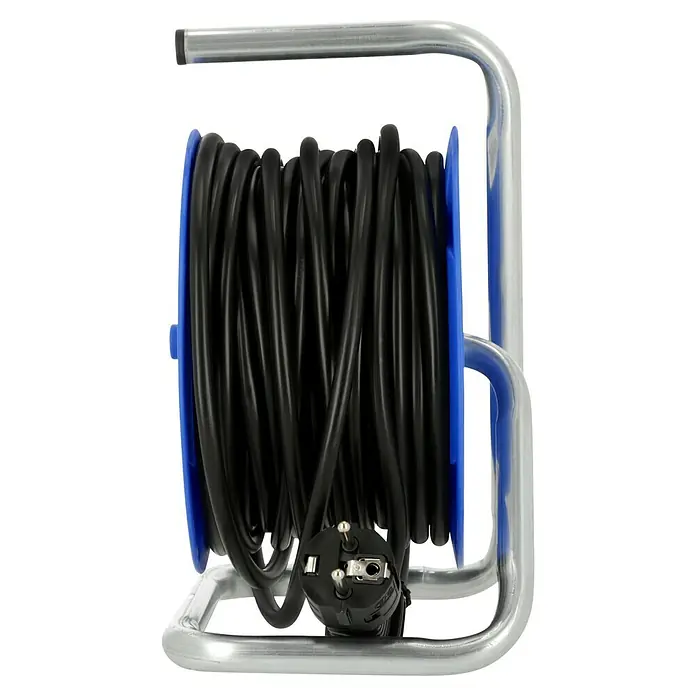 Brennenstuhl Kabeltrommel - Spezialkunststoff, 15 m, H05VV-F, IP20 - Stromkabeltrommel mit blauem Gehäuse und silbernem Rahmen, aufgerollt mit schwarzem Kabel und Stecker.
