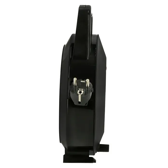 Kabeltrommel - Kunststoff, 5 m, H05VV-F, IP20 - Aufgerollte, schwarze Verlängerungskabeltrommel mit Schutzkontaktstecker für den Innenbereich zur flexiblen Stromversorgung.