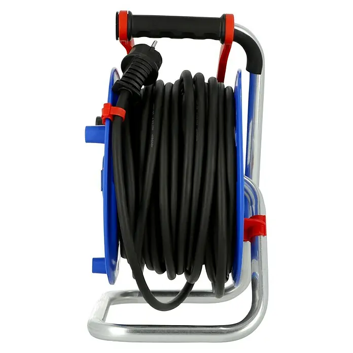 Brennenstuhl Kabeltrommel - Kunststoff, 25 m, H07RN-F, IP44 - Aufgerollte Kabeltrommel mit schwarzem Kabel, blauem Rahmen und Griff. Ideal für Baustellen und den Garten.