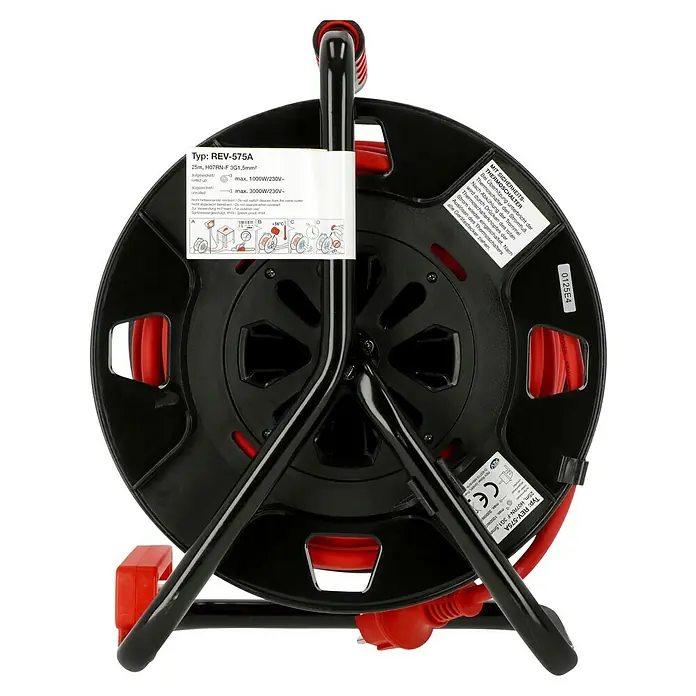 Kabeltrommel - Kunststoff, 25 m, H07RN-F, IP44, Schukostecker - REV-575A Kabeltrommel mit rotem Kabel, schwarzem Gehäuse und rotem Griff.