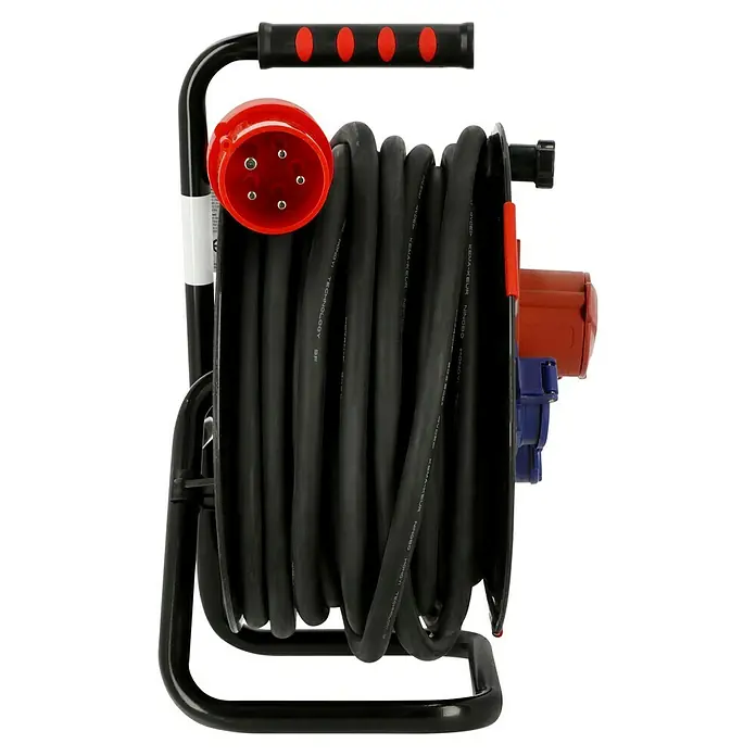 Kabeltrommel - Kunststoff, 25 m, H07RN-F, IP44, CEE-Stecker - Eine Kabeltrommel mit schwarzem Kabel und rotem Stecker, aufgewickelt auf einem schwarzen Rahmen mit rotem Griff für den Transport.