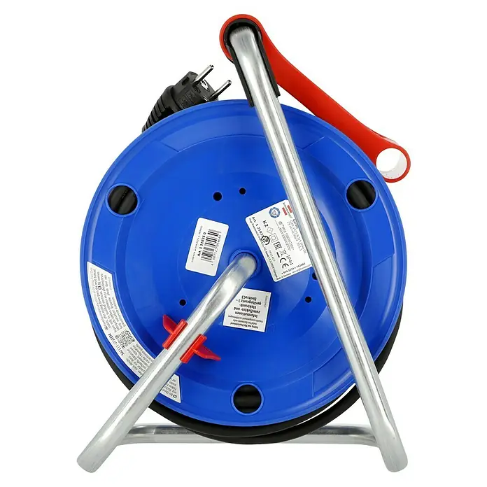 Brennenstuhl Kabeltrommel - Kunststoff, 25 m, H07RN-F, IP44 - Blaue Kabeltrommel mit rotem Griff und silberfarbenem Gestell. Die Trommel hat mehrere Aufkleber und technische Details.