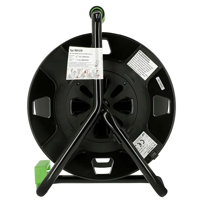Leer-Kabeltrommel REV-576 - Kunststoff, Passend für Kabel: 40 m Kabel H05RR-F 3G1,5 mm² oder H07RN-F 3G1,5 mm², IP20 - Rückansicht einer REV-576 Kabeltrommel mit Thermoschalter und technischen Daten auf einem Etikett.