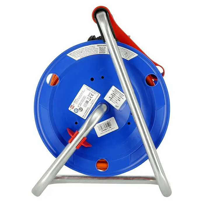 Brennenstuhl Garant Kabeltrommel - Kunststoff, 25 m, AT-N05V3V3-F, IP44 - Blaue Kabeltrommel mit silbernem Metallständer und roten Akzenten, zur organisierten Kabelaufbewahrung und Nutzung.