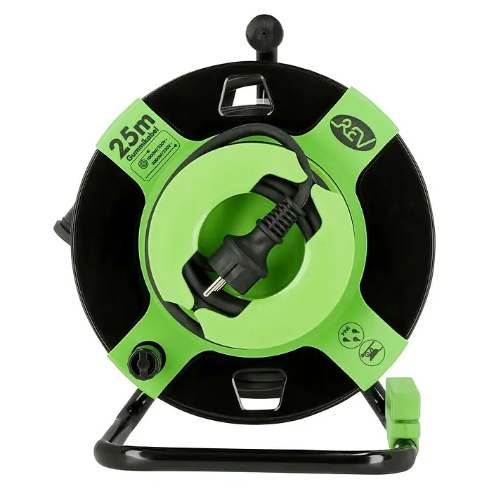 REV Kabeltrommel H05RR - Kunststoff, 25 m, H05RR-F, IP44 - Stromkabelaufroller mit 25m Gummikabel, ideal für den Außenbereich. Mit praktischem Tragegriff und Aufrollmechanismus für einfache Handhabung.