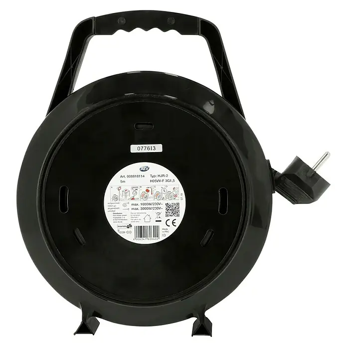 Kabeltrommel - Kunststoff, 5 m, H05VV-F, IP20 - Eine schwarze REV HJR-2 Kabeltrommel mit 5m Kabel, ideal für den Einsatz im Innenbereich und eine sichere Stromversorgung.
