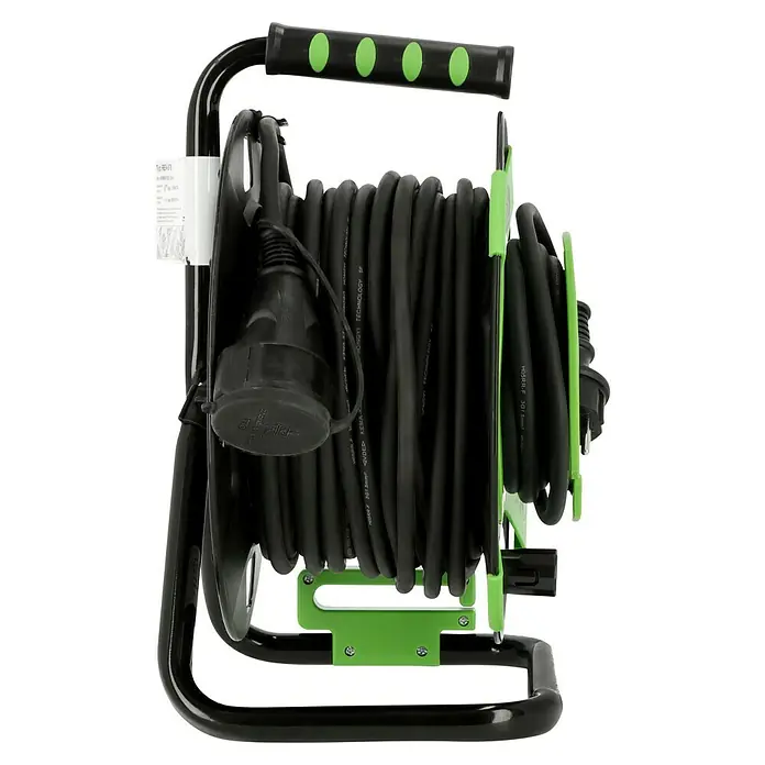 REV Kabeltrommel H05RR - Kunststoff, 25 m, H05RR-F, IP44 - Aufrollbare Kabeltrommel mit schwarzem Kabel und grünem Rahmen, ideal für Baustellen und Werkstätten.