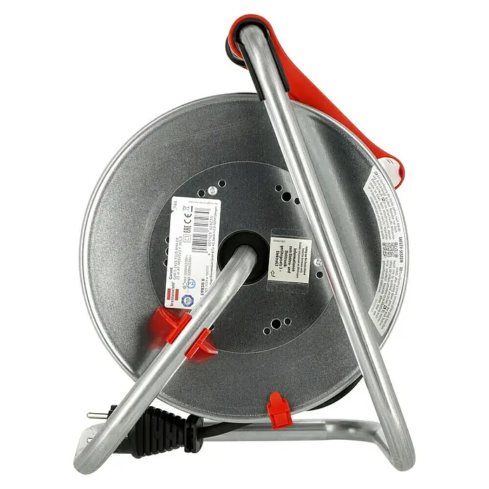 Brennenstuhl Kabeltrommel - Stahlblech, 25 m, N05V3V3-F, IP44 - Nahaufnahme einer Brennenstuhl Garant Kabeltrommel mit Sicherheits-System, ideal für den Innen- und Außenbereich.