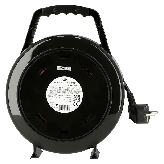 Kabeltrommel - Kunststoff, 10 m, H05VV-F, IP20, Schwarz/Rot - Schwarze REV HJR-2A Kabeltrommel mit 10m Kabel, ideal für den Innenbereich. Kompakte Bauweise für einfache Lagerung.