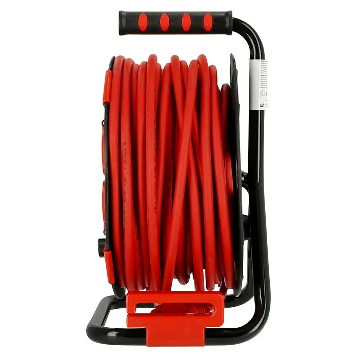 Kabeltrommel - Kunststoff, 40 m, H07RN-F, IP44, Thermoschutzschalter - Eine Kabeltrommel mit rotem Kabel, schwarzem Rahmen und rotem Griff. Ideal für Baustellen und den Garten.