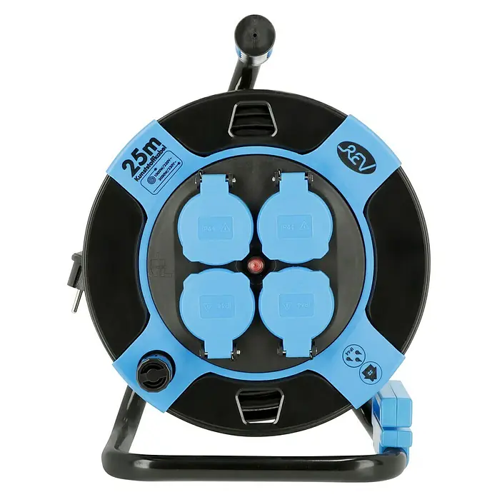Kabeltrommel - Kunststoff, 25 m, H05VV-F, IP44 - Eine blaue und schwarze REV-Kabeltrommel mit vier Steckdosen und einem roten Licht in der Mitte für den Einsatz im Innenbereich.