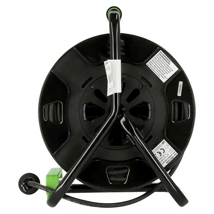Kabeltrommel - Kunststoff, 40 m, H05RR-F, IP44 - Schwarze Kabeltrommel mit Thermoschutzschalter und grünem Griff. Das Kabel ist aufgerollt und bereit für den Einsatz.