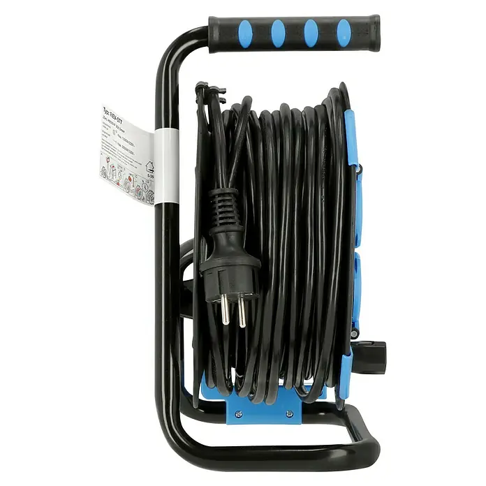 Kabeltrommel - Kunststoff, 25 m, H05VV-F, IP44 - Das Bild zeigt eine REV-SIT Kabeltrommel mit einem schwarzen Kabel und blauem Griff. Ideal für den flexiblen Einsatz im Innen- und Außenbereich.