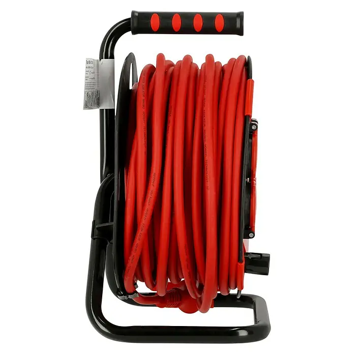 Kabeltrommel - Kunststoff, 40 m, H07RN-F, IP44, Thermoschutzschalter - Aufrollbare Kabeltrommel mit rotem Kabel und schwarzem Griff mit roten Akzenten für den flexiblen Einsatz.
