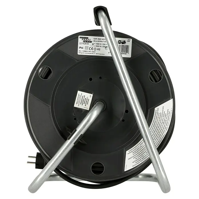 Profi Depot Kabeltrommel - Spezialkunststoff, 40 m, H07RN-F, IP44 - Bild einer Kabeltrommel von unten, mit Produktinformationen und Warnhinweisen für Elektrik und Elektronik.
