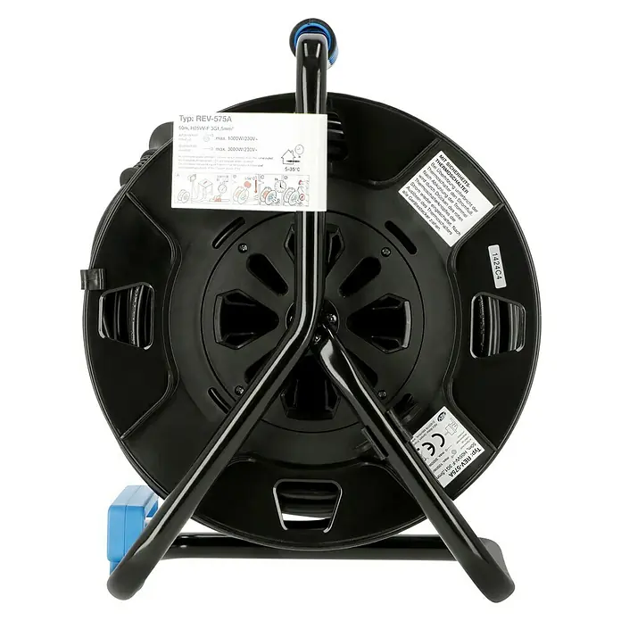 Kabeltrommel - Kunststoff, 50 m, H05VV-F, IP44 - Nahaufnahme einer REV-575A Kabeltrommel mit Sicherheits-Thermoschalter und technischen Daten auf dem Etikett.