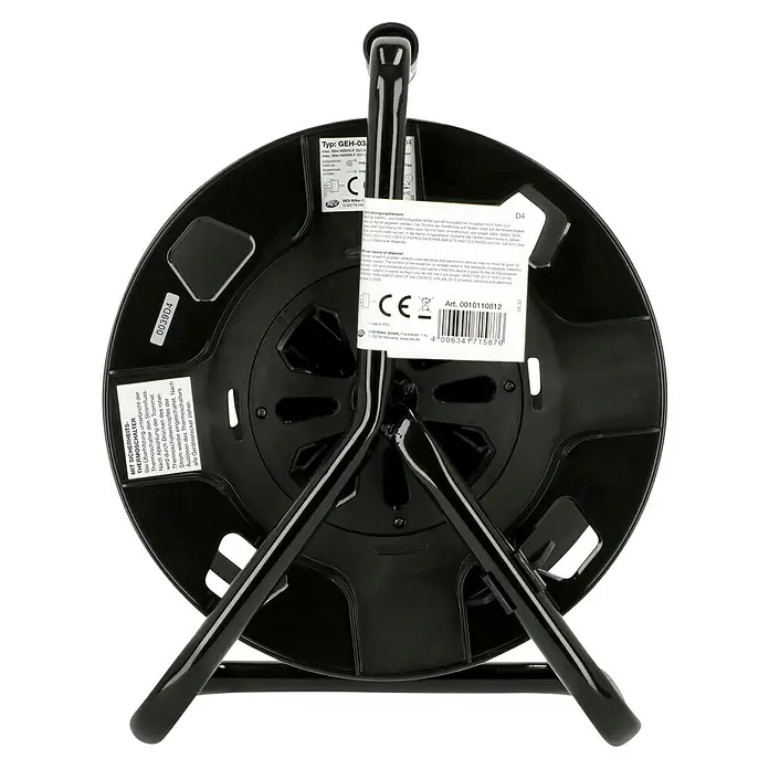 REV Leer-Kabeltrommel REV-575A - Schwarz/Blau, Kunststoff, IP44 - Nahaufnahme einer schwarzen REV Ritter GEH-03 Kabeltrommel mit Thermoschutzschalter und stabilen Standfüßen für den Innen- und Außenbereich.
