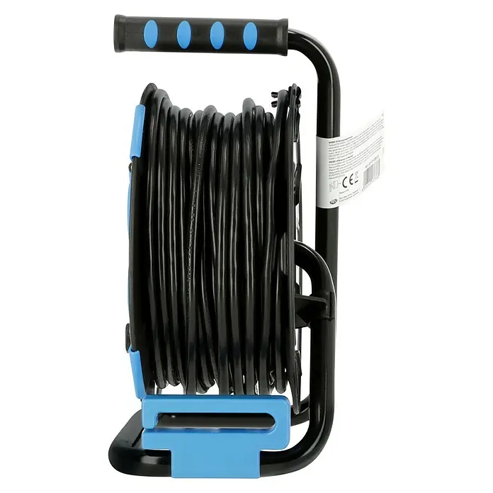 Kabeltrommel - Kunststoff, 25 m, H05VV-F, IP44 - Aufrollvorrichtung für Kabel mit blauem Griff und blauen Akzenten zur einfachen Kabelaufbewahrung und für den bequemen Transport.