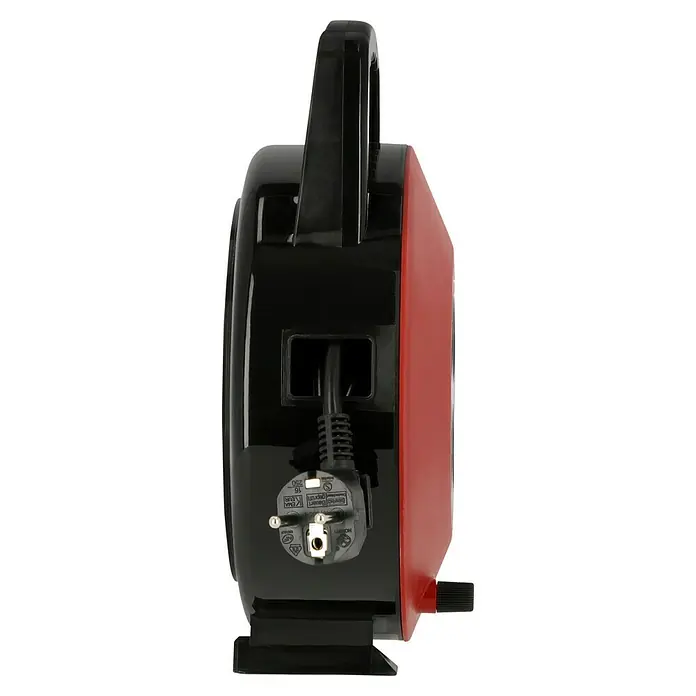 Kabeltrommel - Kunststoff, 10 m, H05VV-F, IP20, Schwarz/Rot - Seitenansicht einer schwarzen und roten Elektroheizung mit Stromkabel. Kompaktes Design für effiziente Wärme.