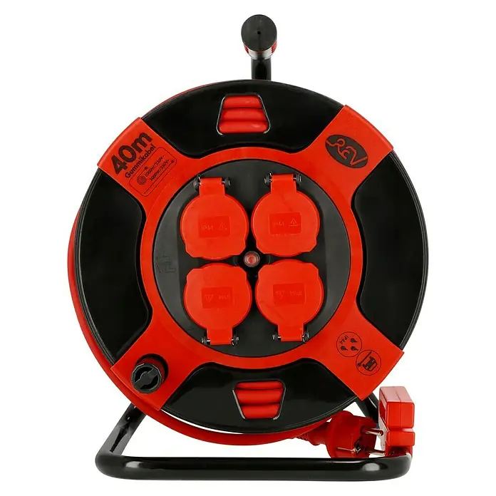 Kabeltrommel - Kunststoff, 40 m, H07RN-F, IP44, Thermoschutzschalter - Eine REV-Kabeltrommel mit 40 Metern Gummikabel, vier Steckdosen, rotem und schwarzem Design. Ideal für den Einsatz im Freien mit IP44-Schutz.