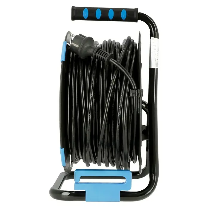 Kabeltrommel - Kunststoff, 50 m, H05VV-F, IP44 - Aufrollbare Kabeltrommel mit blauem Griff und schwarzem Kabel, ideal für den flexiblen Einsatz im Innen- und Außenbereich.