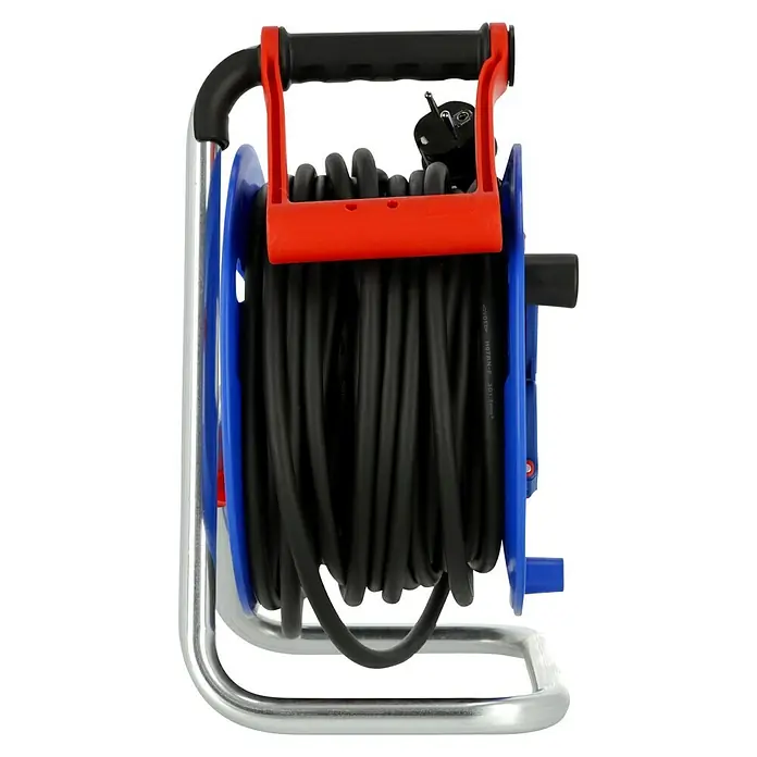 Brennenstuhl Kabeltrommel - Kunststoff, 25 m, H07RN-F, IP44 - Bild einer Kabeltrommel mit blauem Gehäuse, rotem Griff und schwarzem Kabel, ideal für den flexiblen Einsatz von Elektrowerkzeugen.