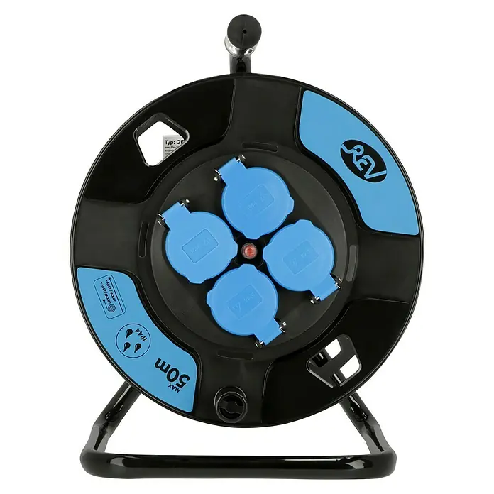 REV Leer-Kabeltrommel REV-575A - Schwarz/Blau, Kunststoff, IP44 - REV Kabeltrommel für den Außenbereich mit 50m Kabellänge, 4 Schutzkontaktsteckdosen, IP44 Schutz und Überlastschutz.