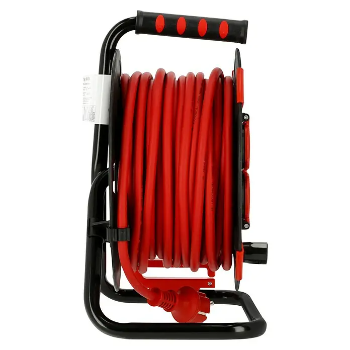 Kabeltrommel - Kunststoff, 25 m, H07RN-F, IP44, Schukostecker - Rote Kabeltrommel mit schwarzem Rahmen und rotem Stecker, aufgerollt und bereit für den Einsatz.\n