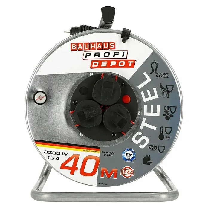 Profi Depot Kabeltrommel - Verzinktes Stahlblech, 40 m, N05V3V3-F, IP44 - Bauhaus Profi Depot Kabeltrommel mit 40m Kabel, 3300W Leistung, ideal für flexible und robuste Stromversorgung im Innen- und Außenbereich.