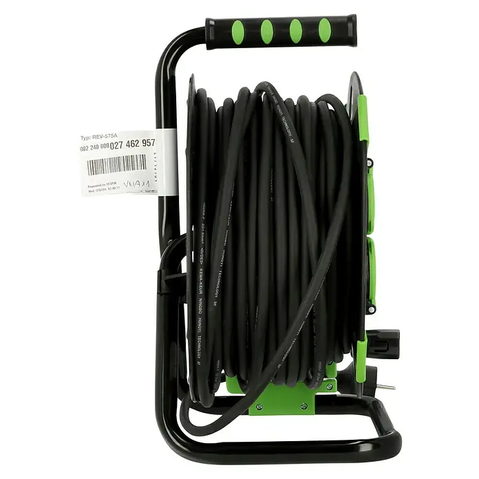 Kabeltrommel - Kunststoff, 40 m, H05RR-F, IP44 - Eine Kabeltrommel mit schwarzem Kabel und grünem Griff, ideal für den Einsatz im Freien und in Werkstätten.