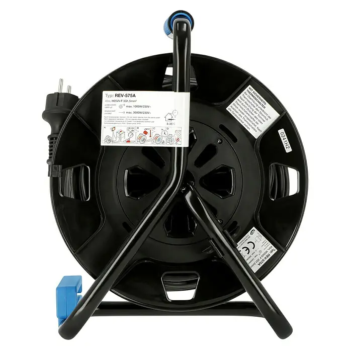 Kabeltrommel - Kunststoff, 40 m, H05VV-F, IP44 - Aufrollbare Kabeltrommel REV-575A mit 40m Kabel. Sicherheits-Thermoschalter bietet Überhitzungsschutz.