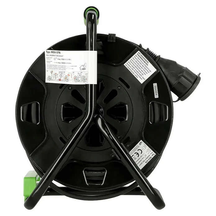 REV Kabeltrommel H05RR - Kunststoff, 40 m, H05RR-F, IP44 - Stromkabeltrommel REV-576, 40m H05RR-F 3G1.5mm², mit Sicherheitsthermoschalter, für max. 1000W/230V- (aufgerollt) bzw. 3000W/230V- (abgerollt).