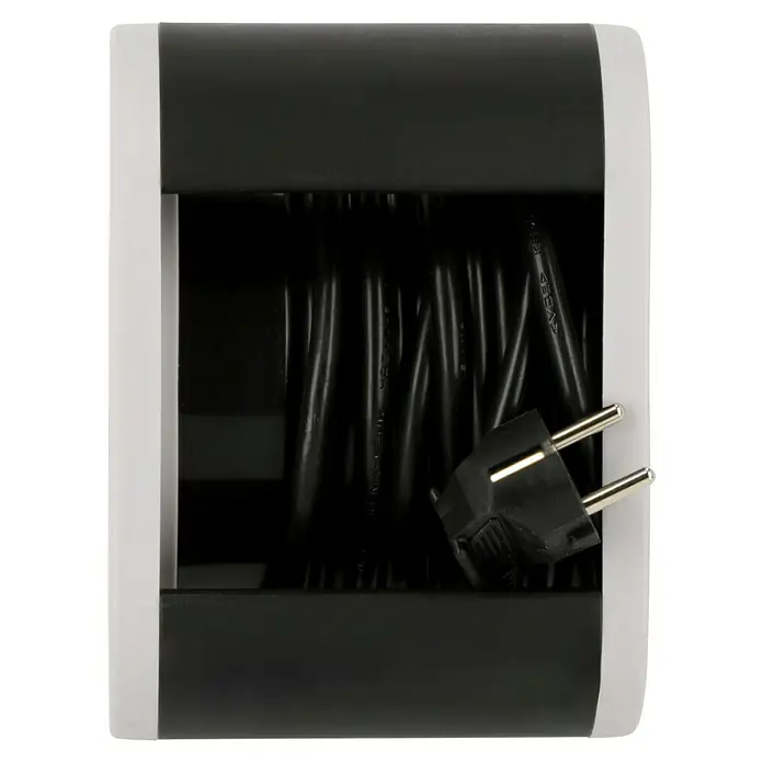 REV Kabeltrommel S - Kunststoff, 10 m, H05VV-F, IP20 - Eine Kabeltrommel mit einem schwarzen Kabel und einem Stecker in einem weißen und schwarzen Gehäuse.