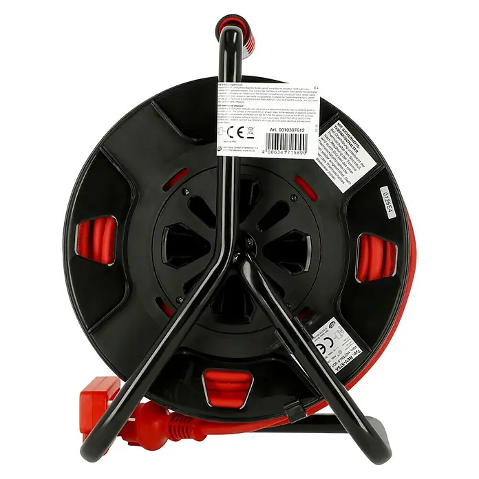 Kabeltrommel - Kunststoff, 40 m, H07RN-F, IP44, Thermoschutzschalter - Bild einer Kabeltrommel mit rotem Kabel auf schwarzem Hintergrund, die für den Einsatz im Freien geeignet ist.