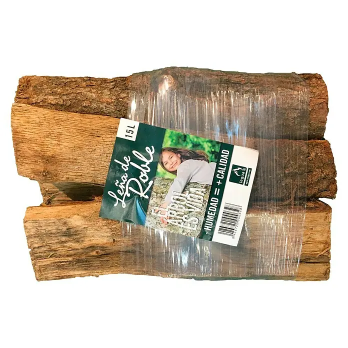 Legua Leña para encender - Roble, 15 l, 1 ud. - Paquete de leña, envuelto en film transparente con una etiqueta que indica la marca e información del producto.
