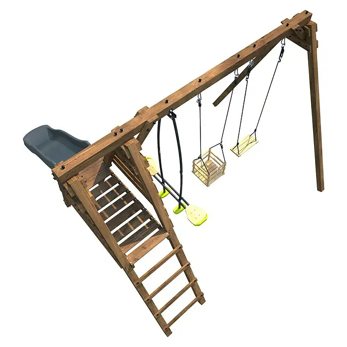 Soulet Schaukel Trefle - B x L: 351 x 291 cm, Holz - Ein erhöhter hölzerner Spielplatz mit Schaukeln, einer Rutsche und einer Kletterleiter. Perfekt für Abenteuer und Spiel im Freien.
