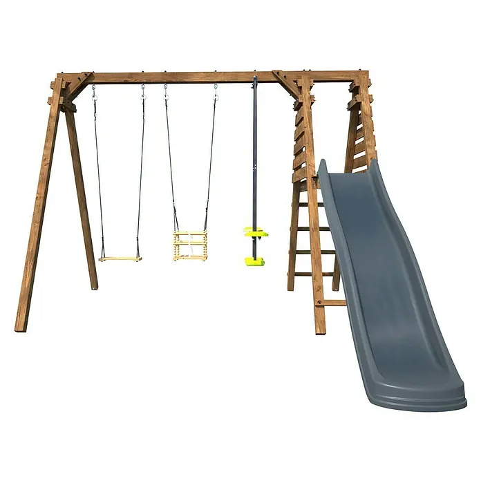 Soulet Schaukel Trefle - B x L: 351 x 291 cm, Holz - Ein hölzernes Spielgerüst mit Schaukeln, einer Rutsche und einer Kletterwand bietet vielseitigen Spaß für Kinder im Garten.