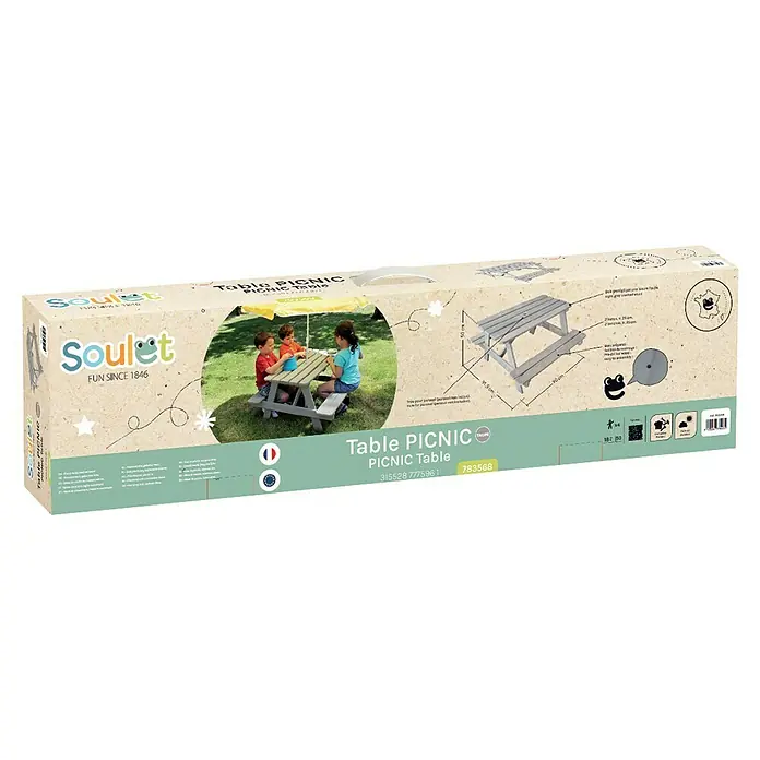 Soulet Kinder-Picknicktisch - L x B x H: 915 x 900 x 500 mm, Holz, Grau - Bild des Soulet Table Picnic, ideal für Kinder. Der Picknicktisch aus Holz ist perfekt für den Garten und bietet Platz für bis zu vier Kinder.