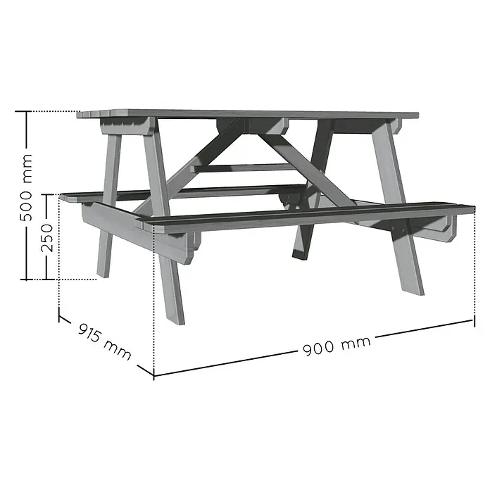 Soulet Kinder-Picknicktisch - L x B x H: 915 x 900 x 500 mm, Holz, Grau - Eine perspektivische Darstellung eines Picknicktisches mit Maßangaben, die die Abmessungen in Millimetern angibt.