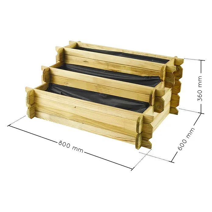 Soulet Hochbeet Angelic - 60 x 80 x 36 cm, Holz, Natur - Abgestuftes dreistufiges hölzernes Pflanzgefäß mit eingezeichneten Abmessungen, perfekt für den Garten oder die Terrasse.