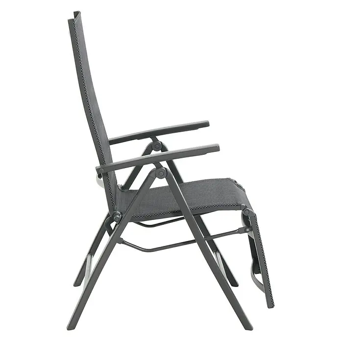 Sunfun Maja Tumbona reclinable - Aluminio/Textiline, Respaldo regulable, Antracita, An x Pr x Al: 61 x 69 x 111 cm - Imagen de una silla de jardín gris plegable con reposabrazos, ideal para uso exterior. La silla es ligera y fácil de guardar.
