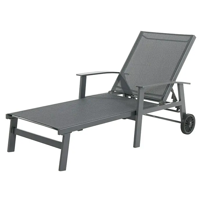 Sunfun Maja Gartenliege - B x T x H: 170,5 x 63,5 x 102 cm, Aluminium, Anthrazit, Rollbar - Eine graue, verstellbare Sonnenliege aus Metall mit Armlehnen und Rädern für den Garten oder die Terrasse.