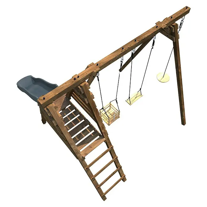 Soulet Schaukel Fleur - B x L: 351 x 286 cm, Holz - Ein hölzerner Spielplatz mit Schaukeln, Rutsche und Leiter, ideal für stundenlangen Spielspaß im Freien.