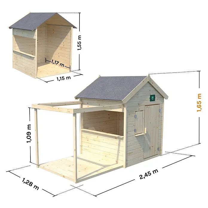 Soulet Spielhaus Epicerie - L x B x H: 245 x 128 x 165 cm, Holz - Ansicht des Holzspielhauses mit Veranda und Größenangaben, das mit seinem naturbelassenen Holzdesign zum Spielen einlädt.
