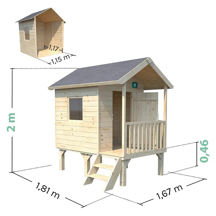 Soulet Spielhaus Kangourou - L x B x H: 167 x 181 x 200 cm, Holz - Abbildung eines Holzspielhauses für Kinder mit den Maßen 2 m Höhe, 1,81 m Breite und 1,67 m Tiefe.