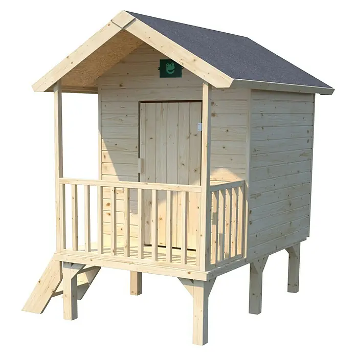 Soulet Spielhaus Kangourou - L x B x H: 167 x 181 x 200 cm, Holz - Dieses Bild zeigt ein hölzernes Kinderspielhaus mit Veranda, kleinem Geländer und einer Leiter. Das Dach ist grau und die Wände sind hell.