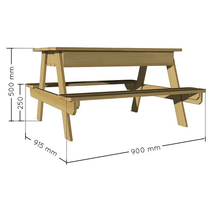 Soulet Kinder-Picknicktisch - L x B x H: 915 x 900 x 500 mm, Holz - Bild einer Gartengarnitur aus Holz mit Maßangaben für Höhe, Tiefe und Breite, ideal für den Außenbereich.